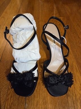 Miu Miu Black Beaded Bow Satin Strappy Sandals